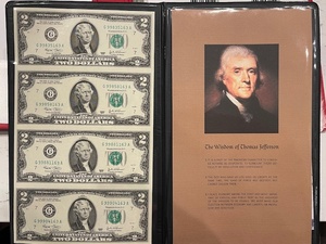 lot 4 image: Uncut Sheet of $2 Dollar Bills
