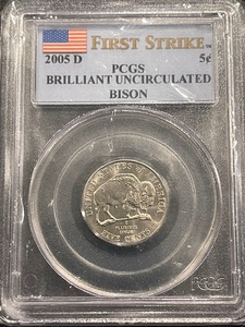 lot 19 image: 2005-D Bison Jefferson Nickel PCGS First Strike Brilliant Uncirculated