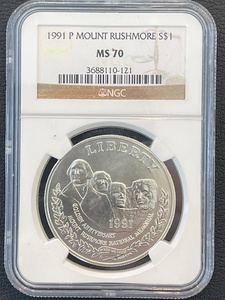 lot 75 image: 1991-P Mount Rushmore Silver Dollar NGC MS70 RARE