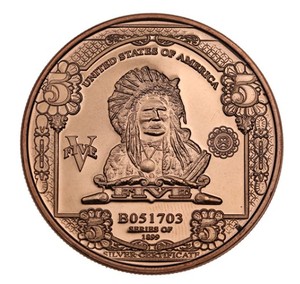 lot 219 image: Qty 5 1oz Copper Rounds Native American Related