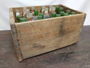 lot 13 image: Old Squirt Wooden Box with Glass Bottles