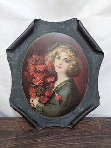 lot 211 image: Old Metal Meek Company Rolled Corner Beautiful Woman Advertising Tin Sign