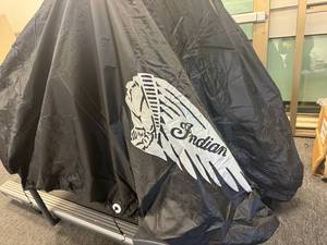 lot 41 image: Indian Motorcycle Cinchable Polyester Cover with Carrying Bag (In great shape)