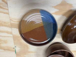 lot 45 image: Black Walnut Round Container with Lid, Oval Wooden Bowl, Pottery Platter 9 14 Diameter