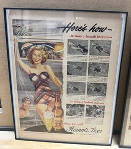 lot 51 image: Pair of Framed Hamms Beer Advertisements Heres How to swim a backstroke, Heres How to have fun at the beach party.