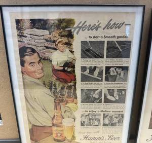 lot 52 image: Pair of Framed Hamms Beer Advertisements Heres How to start a smooth garden, Heres How a retriever goes to college.