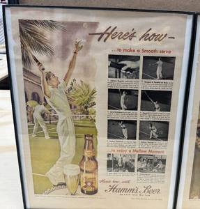 lot 53 image: Trifecta of Framed Hamms Ads - Heres How to make a smooth serve, Heres How Olin Dutra makes a smooth approach, Heres How Connie Schwoelger rolls a smooth strike.