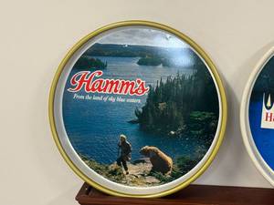 lot 116 image: Trio of Hamms Beer Trays with Display Shelf (LakeCanoes, Man & Bear by Lake)