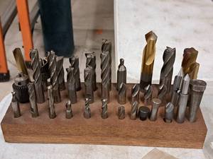 lot 603 image: Assorted Machining Bits 35-piece with Wood Storage Block - Reamers, Countersinks, Boring Bits