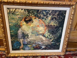 lot 300 image: Framed Print of Karl Buehr Style Women Sunbathing in Flower Garden