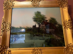 lot 316 image: Vintage Ornate Framed Print of Barn and Pond
