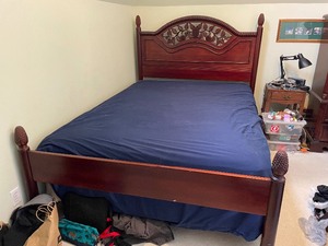 lot 273 image: Vintage Wood Bedroom Set with Queen Bedframe, Nightstand, and Dresser