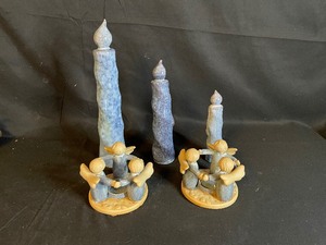 lot 278 image: Vintage Clay Art Circle of Angels Candle Holder and Pottery Candles