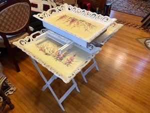 lot 281 image: Set of Three Elegant Aged White Painted Trays with Folding Stands