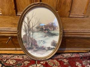 lot 293 image: Vintage Homeco Framed Print of Frank Massa Painting Lake Cottage Swan Trees