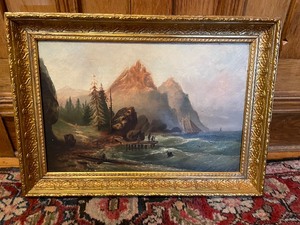 lot 299 image: Vintage Ornate Framed Print of Coastal Landscape