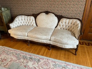 lot 206 image: French Styled Carved Frame White Tufted Couch