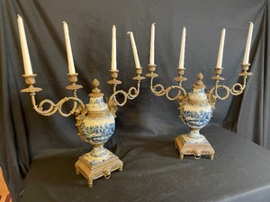 lot 215 image: Pair of Chinoiserie Candelabras, Brass with Blue and White Porcelain Center Urn, Figural Accents