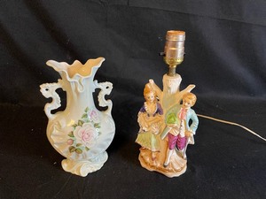 lot 220 image: Figural Porcelain Lamp Base and Vintage White Ceramic Floral Vase