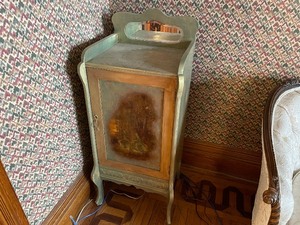 lot 223 image: Rustic Aged Old World Patina Music Cabinet with Mirror and Painted Front