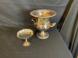 lot 227 image: Vintage Silver Plate Double Handled Champagne Ice Bucket and Pedestalled Compote Bowl