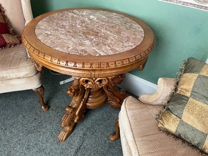 lot 246 image: Walnut Figural and Claw Foot Round Marble Top Parlor Table