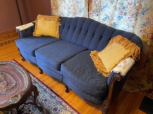 lot 187 image: Blue Vintage Camel Back Couch with Wood Carved Feet