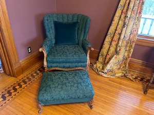 lot 190 image: Vintage Green Upholstered Chair and Ottoman