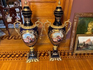 lot 191 image: Matched Pair of Sevres Style Parcel Gild Hand Painted in Cobalt BlueBronze Mounted Lidded Urns