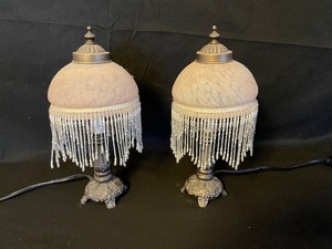 lot 193 image: Exquisite Pair of Victorian Lamps with Frosted Slag Glass and Beaded Fridge Lampshade