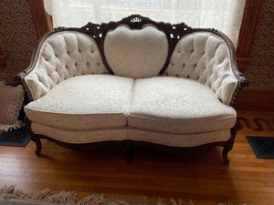 lot 205 image: French Styled Carved Frame White Tufted Loveseat