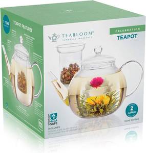 lot 67 image: Teabloom Heatproof Borosilicate Glass Teapot (40 OZ) with Removable Loose Tea Glass Infuser  Includes 2 Blooming Teas  2-in-1 Tea Maker