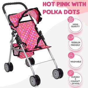 lot 69 image: 2 Pack My First Baby Doll Stroller - Pink Polka Dot Doll Stroller with Basket NEW