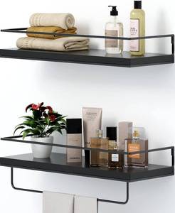 lot 75 image: SHARIO Black Wood Floating Shelves - Set of 2, Wall Mounted Hanging Shelves with Black Towel Rack NEW