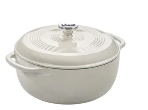 lot 78 image: Lodge Enamelware 6 qt. Round Cast Iron Dutch Oven in Oyster White with Lid NEW