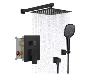 lot 95 image: EVERSTEIN 3-Spray Patterns with 2.5 GPM 10 in. Wall Mount Dual Shower Heads with Handheld in Matte Black (Valve Included)  Model # SF-2F10W-6646-BK UPC Code # 611558714310 NEW