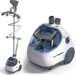 lot 100 image: PurSteam Standing Garment Steamer for Clothes with Wheels, Fabric Brush, Ironing Board NEW