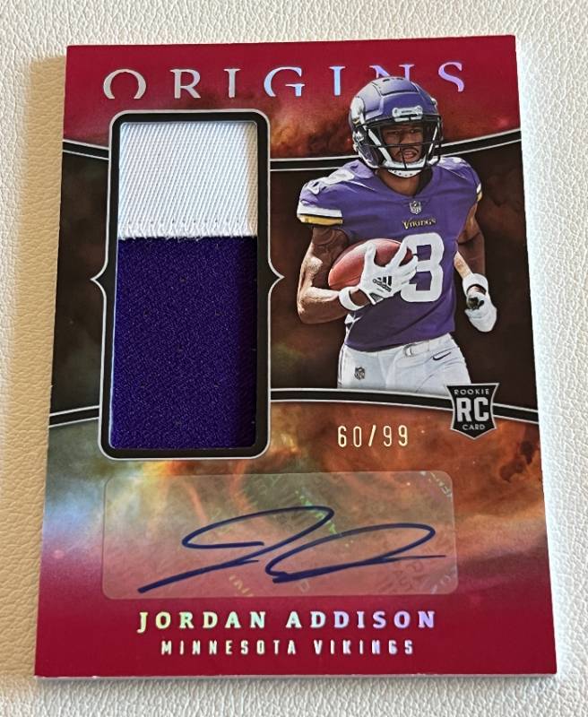 Jordan Addison RC RPA /99 - 2023 Origins Auto and Dual-Colored Patch #RJJA-JA numbered 60/99 Rookie Minnesota Vikings Football Card - RARE for Sale in Plymouth, MN | Online Auction | K-BID Jordan Addison RC RPA /99 - 2023 Origins Auto and Dual-Colored Patch #RJJA-JA numbered 60/99 Rookie Minnesota Vikings Football Card - RARE for Sale in Plymouth, MN | Online Auction | K-BID