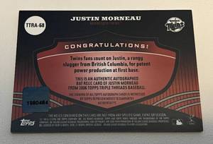 lot 8 image: Justin Morneau 18 Auto and Bat Relic - 2006 Topps Triple Threads #TTRA-68  - very rare numbered 0118, only 18 made Minnesota Twins Baseball Card