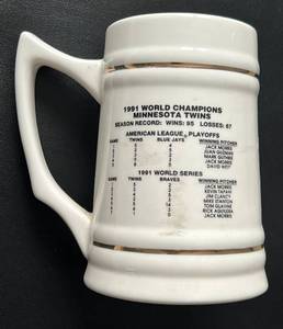 lot 109 image: Minnesota Twins 1991 World Series Champions Beer Stein Glass Baseball