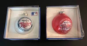 lot 171 image: Minnesota Twins Baseball Christmas Tree Bulbs (2) - 1987 World Series Champions & 1991 World Series Champions