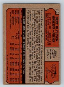 lot 60A image: Bert Blyleven 2nd Year 1972 Topps #515 Vintage Minnesota Twins Baseball Card
