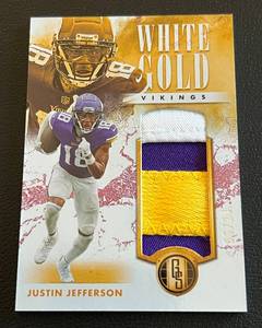 lot 4A image: Justin Jefferson 24 Tri-Color Relic - 2023 Gold Standard White Gold Standard #25, Numbered 0624, Minnesota Vikings Patch Football Card - RARE