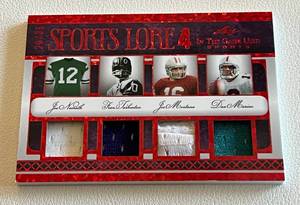 lot 14A image: Quad Relic HOF QBs 35 - Joe Namath  Fran Tarkenton  Joe Montana  Dan Marino 2022 Leaf Sports Lore 4 #SL-10, numbered 2035, RARE Football Patch Card