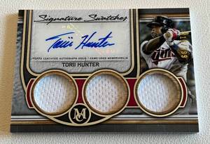 lot 17A image: Torii Hunter RPA 399 Triple Patch - 2023 Topps Museum Collection Signature Swatches #SWTRA-TH numbered 316399 Minnesota Twins Baseball Card