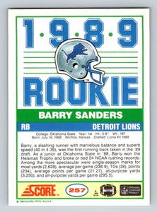 lot 8B image: Barry Sanders RC 1989 Score #257 Rookie Football Card