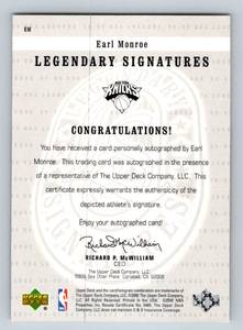 lot 44A image: Earl Monroe Auto 2000 Upper Deck Legendary Signatures #EM Signed Basketball Card