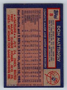 lot 88A image: Don Mattingly RC 1984 Topps #8 Rookie Vintage Baseball Card