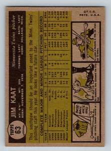lot 136A image: Jim Kaat 2nd Year 1961 Topps #63 Vintage Baseball Card Minnesota Twins