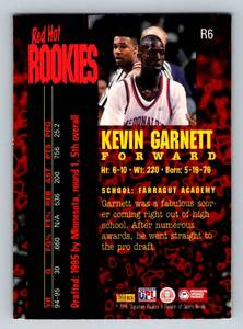 lot 175A image: Kevin Garnett RC 1995-96 Red Hot Rookies #RC Rookie Minnesota Timberwolves Basketball Card